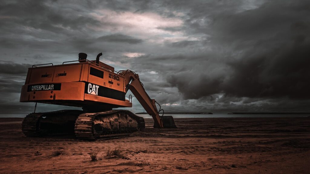 excavator, nature, sand, beach, coast, shore, seashore, storm, thunderstorm, gloomy, dark, heavy equipment, construction equipment